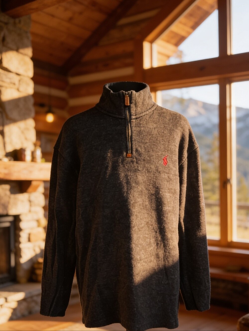 Polo by Ralph Lauren Charcoal Gray Quarter-Zip Sweater with Red Pony